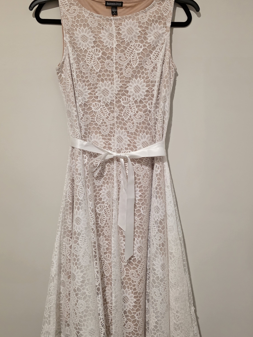 Blooming Rose Blush Pink Lace Midi Dress with Satin Ribbon Tie Size M
